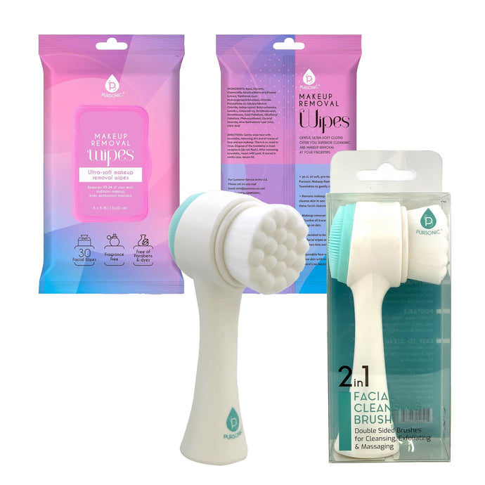 Radiant Beauty Bundle: Dual Sided Facial Cleansing Brush & Makeup Removal Wipes (12 Pack) - Peakly